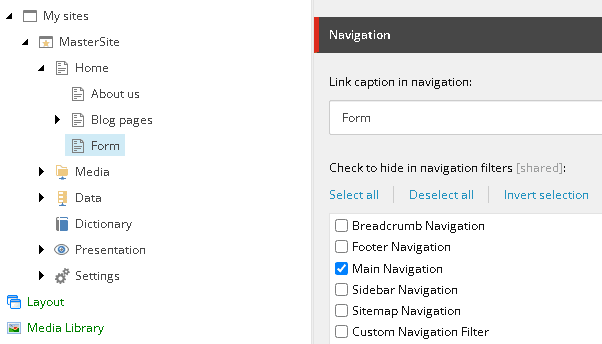 Check to hide in navigation filter.