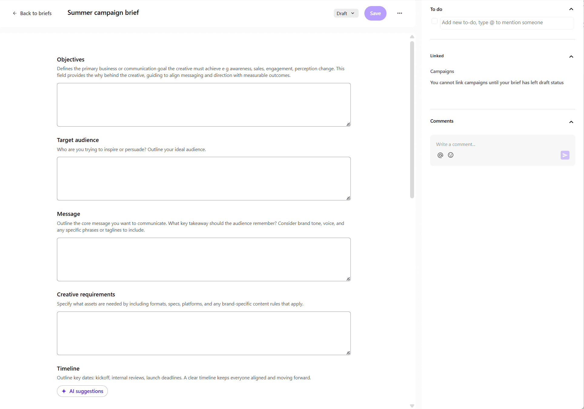 The brief details page shows the fields corresponding brief type selected.
