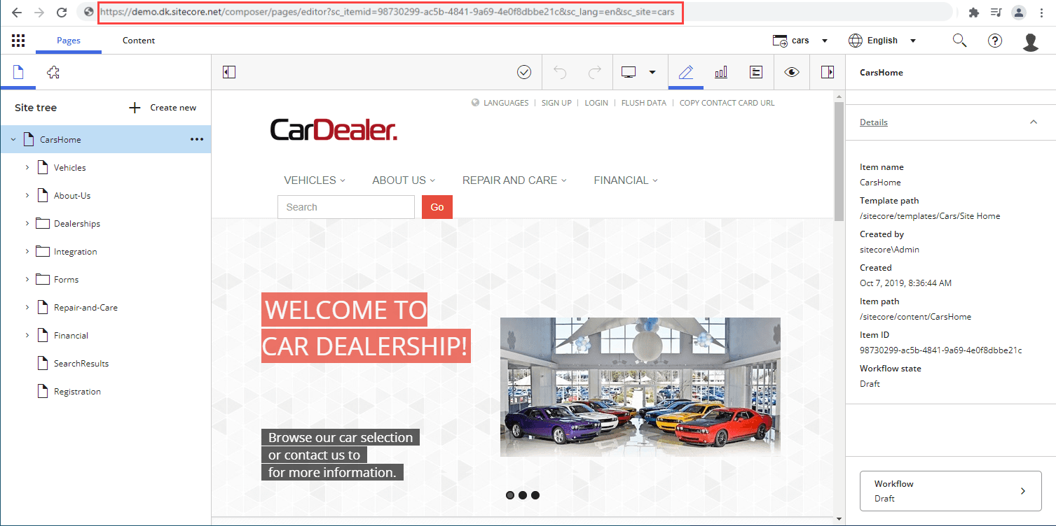 The page URL in the address field of a browser