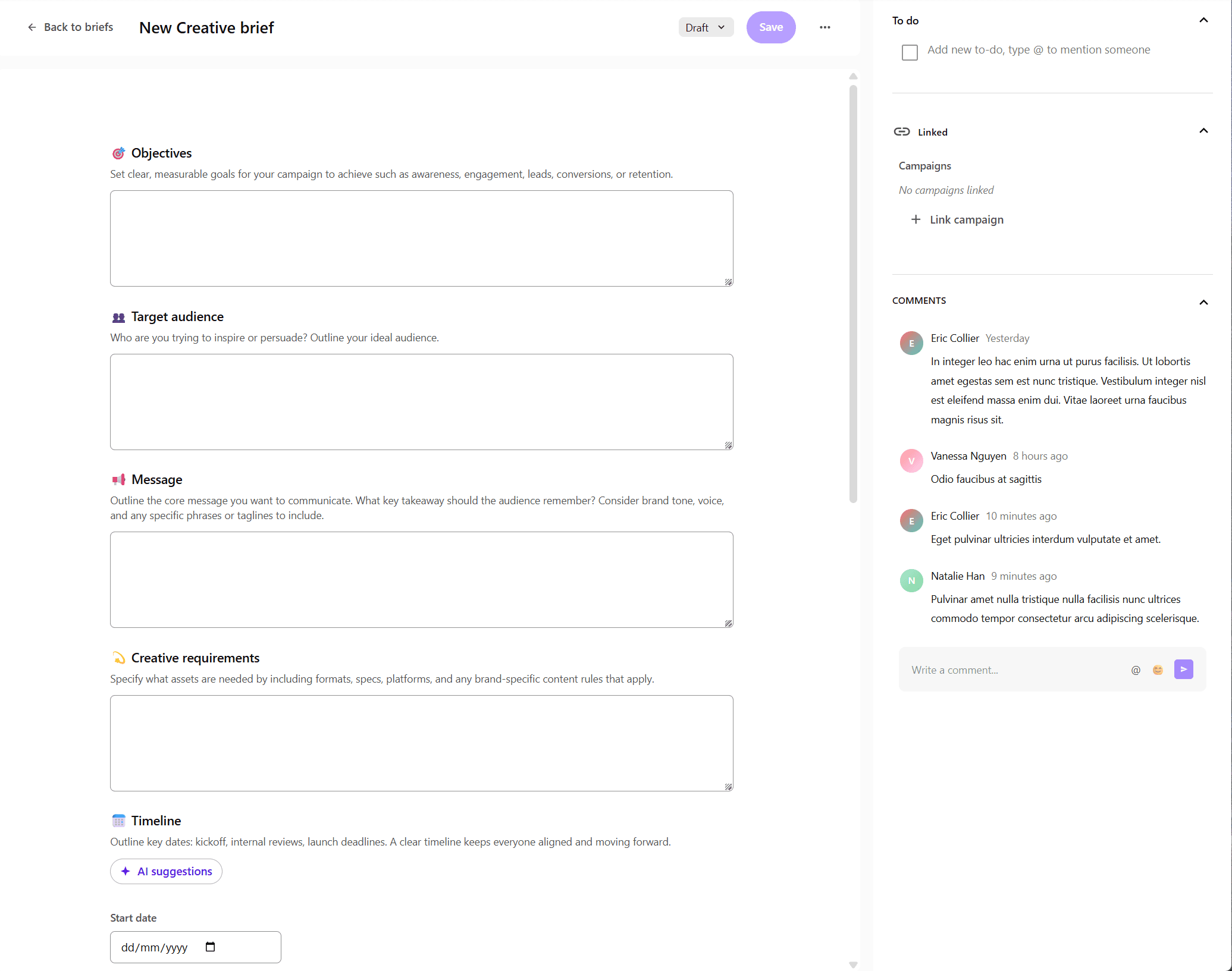 The brief details page shows the fields corresponding to the standard sections of a brief.