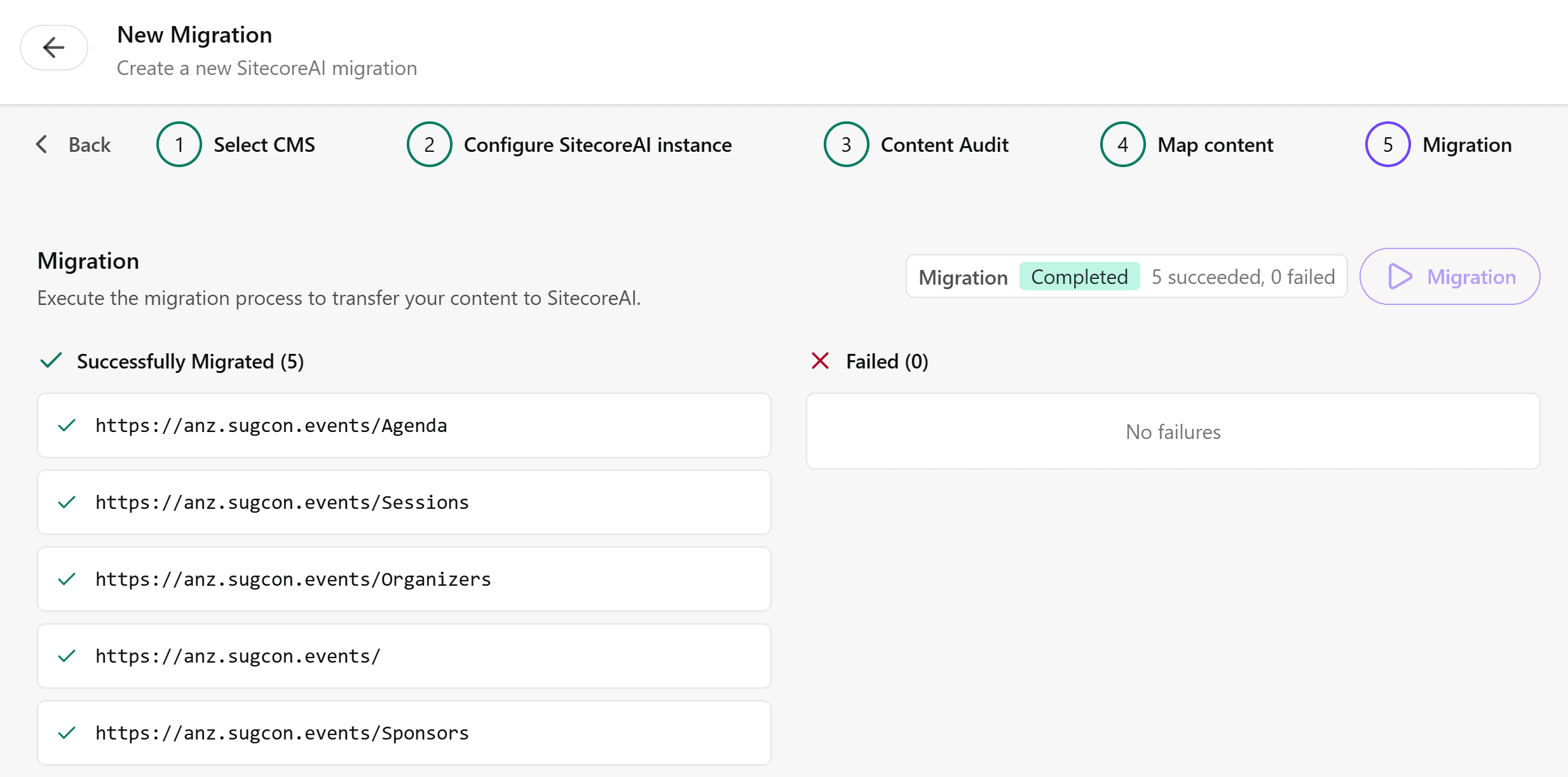 Migration complete page showing success and failure information Migration complete page showing success and failure information
