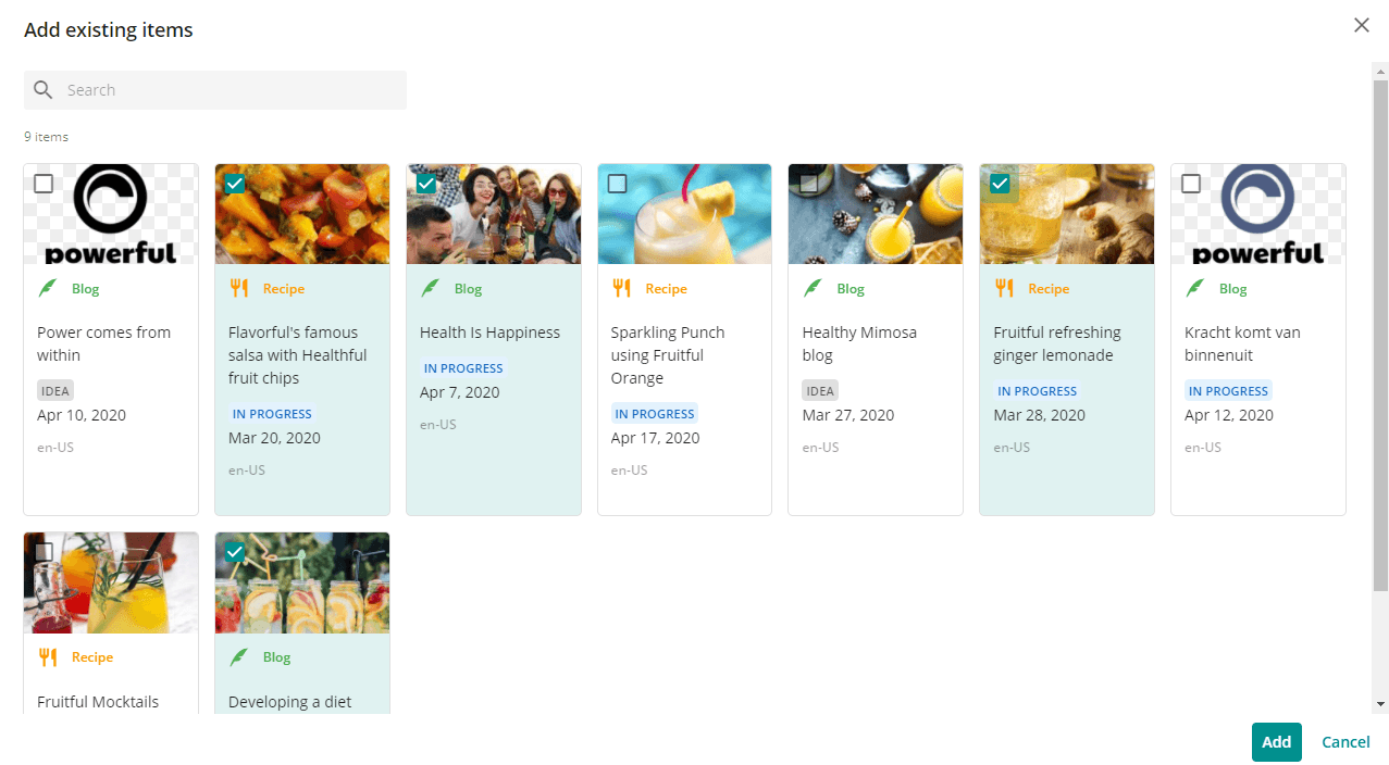 Add existing items window Add existing items window