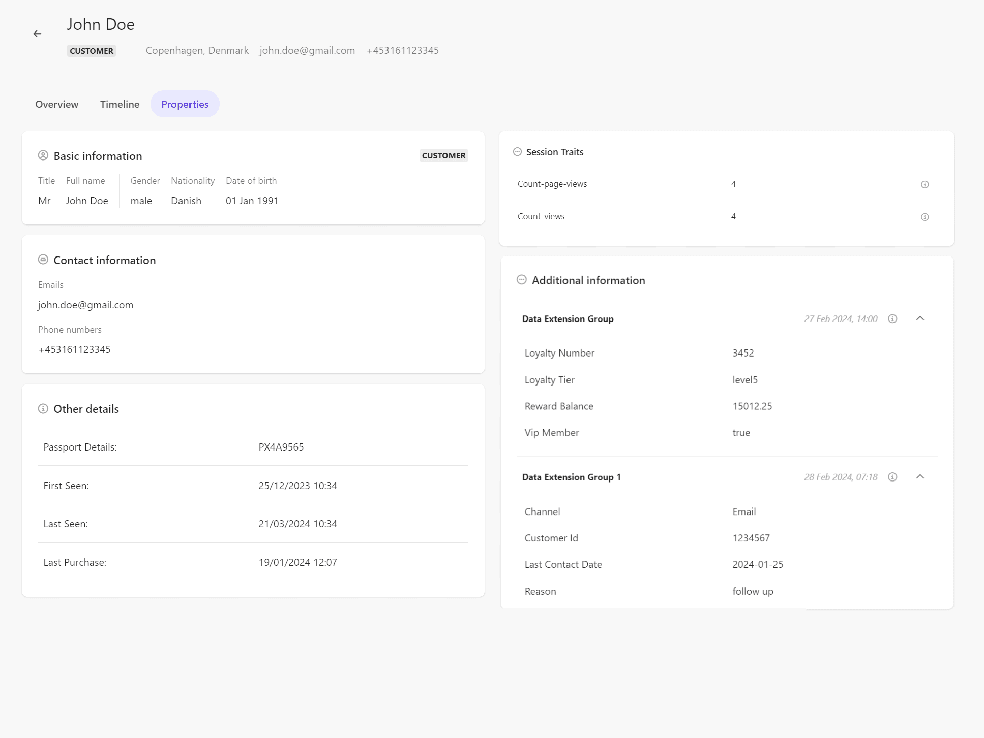 The Properties page includes additional guest details and any data extensions and session traits. The Properties page includes additional guest details and any data extensions and session traits.