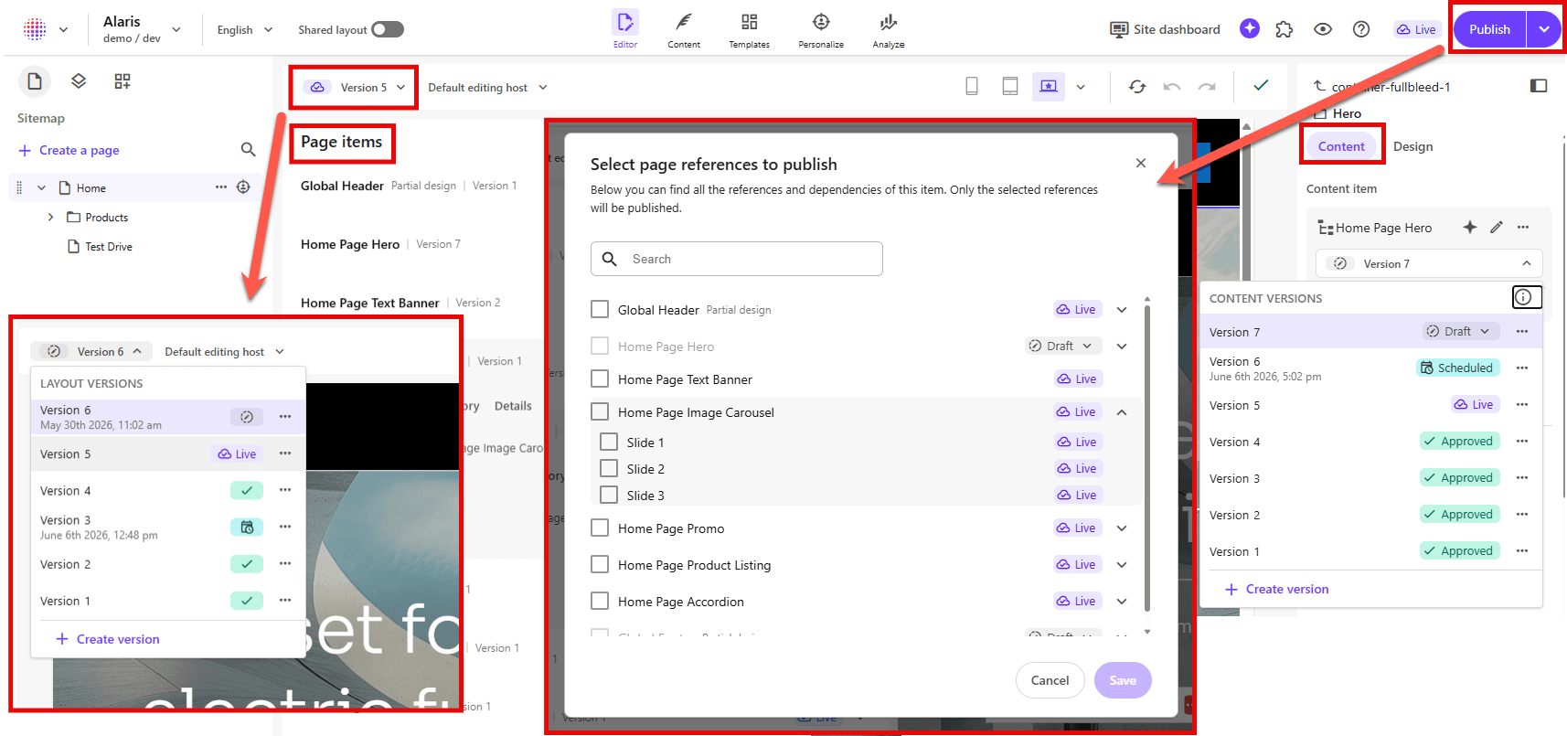 The different areas of the UI where you can see content status The different areas of the UI where you can see content status