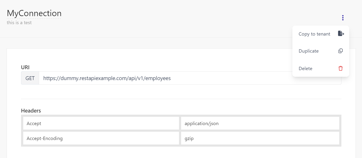 Copying a connection in the Developer Center to another tenant.