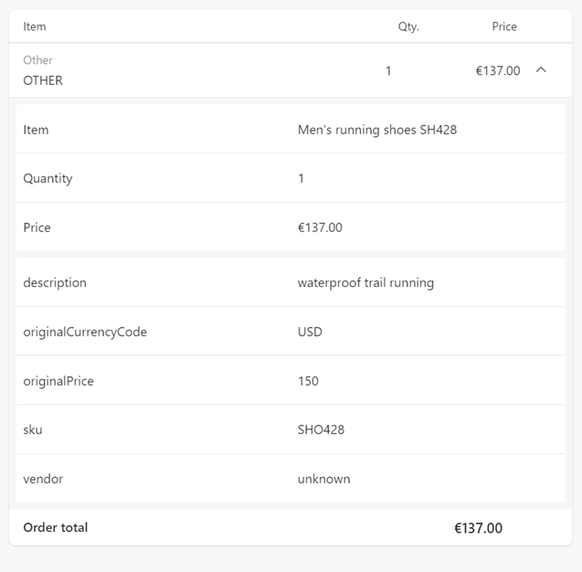 The Order item section displays item type, quantity, unit price, order total, and so on. The Order item section displays item type, quantity, unit price, order total, and so on.