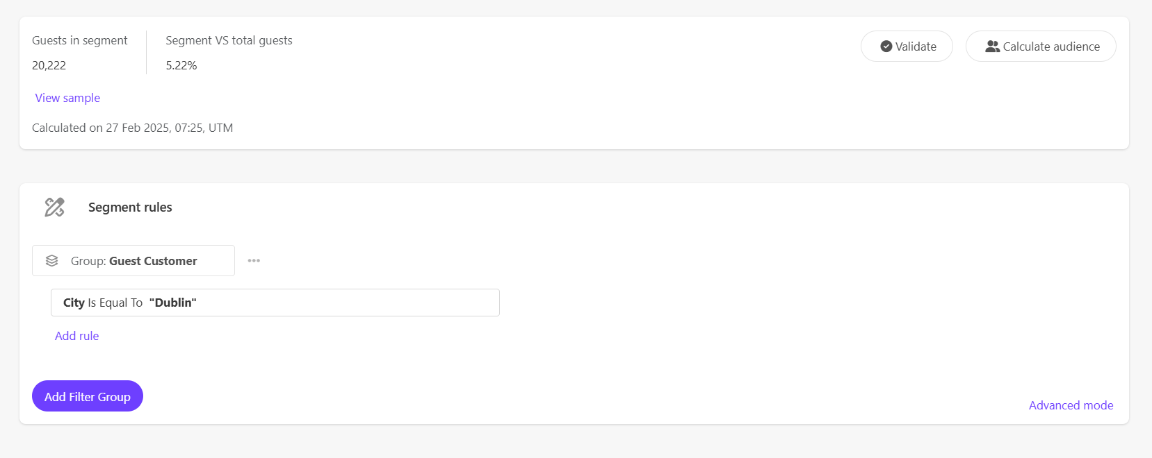 Calculating the audience size of a segment in Sitecore CDP after validating it in the segment builder. Calculating the audience size of a segment in Sitecore CDP after validating it in the segment builder.