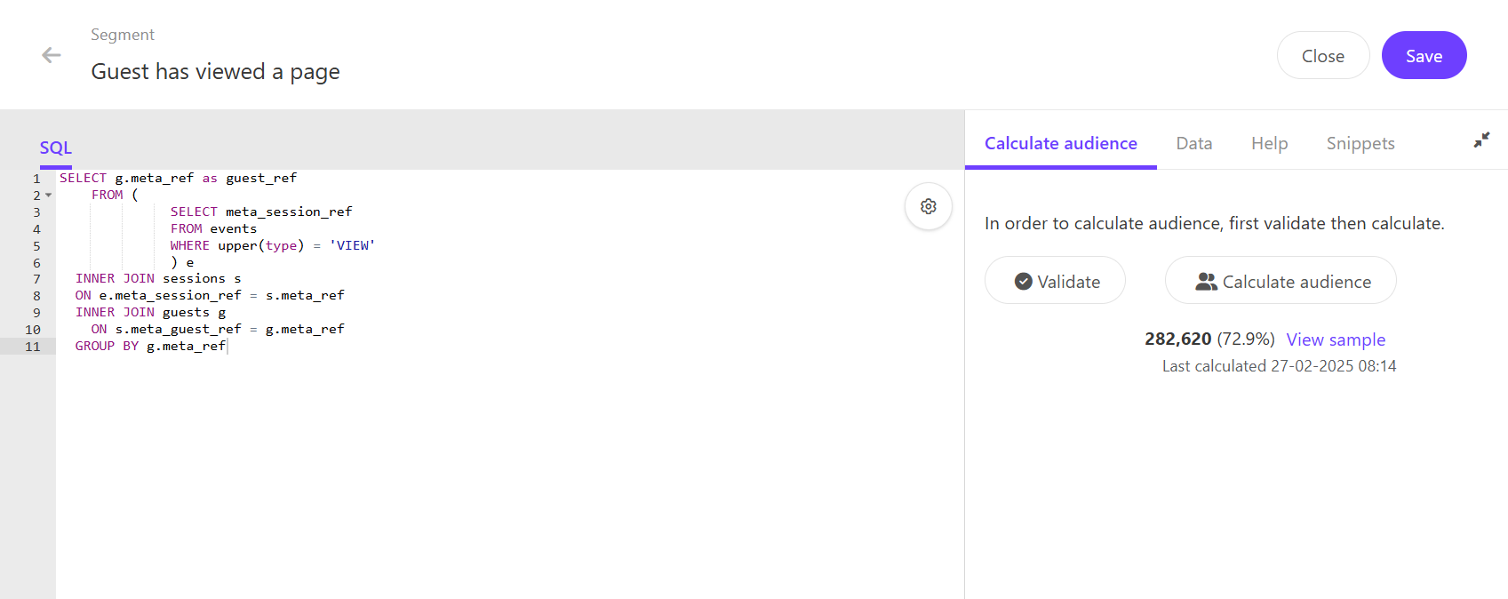 Calculating the audience size of a segment in Sitecore CDP after validating it in the SQL editor. Calculating the audience size of a segment in Sitecore CDP after validating it in the SQL editor.
