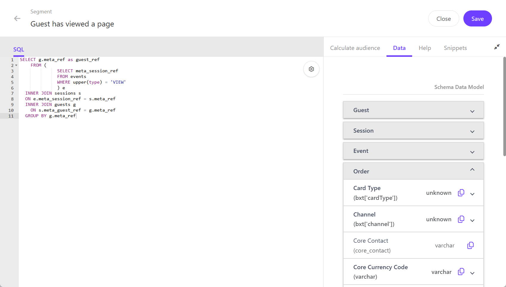Viewing fields and values on the Data tab in the SQL editor.