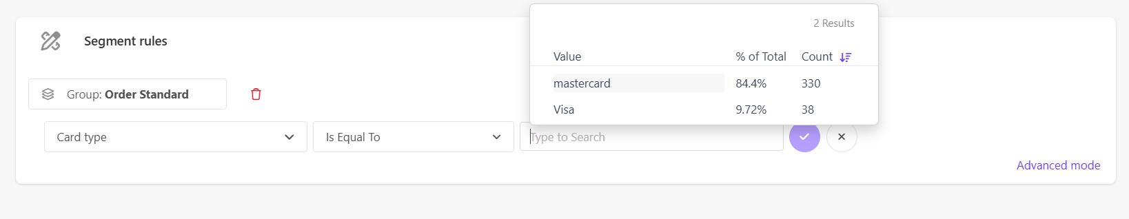 Selecting a value for the field and comparator within a rule group in a Sitecore CDP segment.