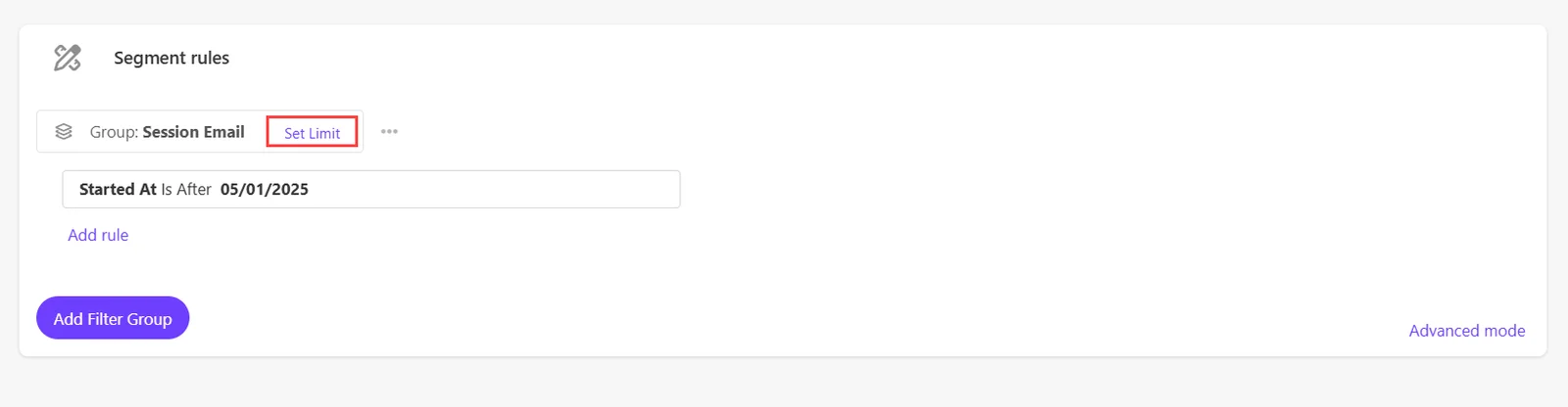Applying the set limit filter to a segment rule.