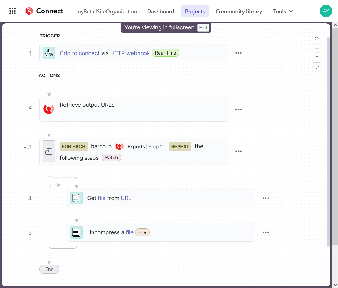 A five-step recipe in Sitecore Connect that receives and extracts the output of a Sitecore CDP audience export. A five-step recipe in Sitecore Connect that receives and extracts the output of a Sitecore CDP audience export.