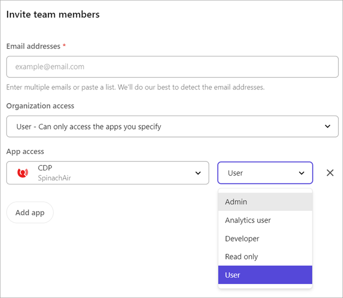 Selecting a role when inviting a team member in Sitecore Cloud Portal Selecting a role when inviting a team member in Sitecore Cloud Portal