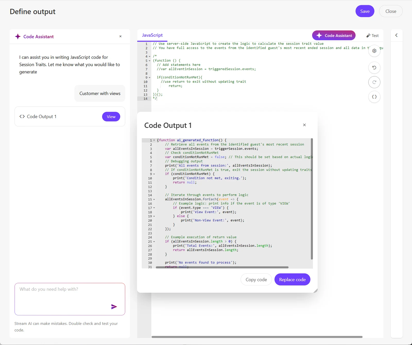The AI-generated code is labeled with a version number in the left-hand pane.