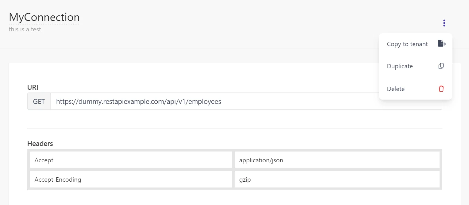 Copying a connection in the Developer Center to another tenant.