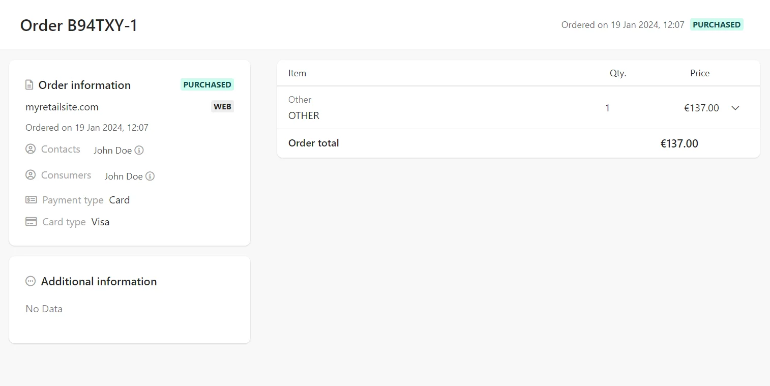 The Order Details page includes order information and any data extensions related to it.