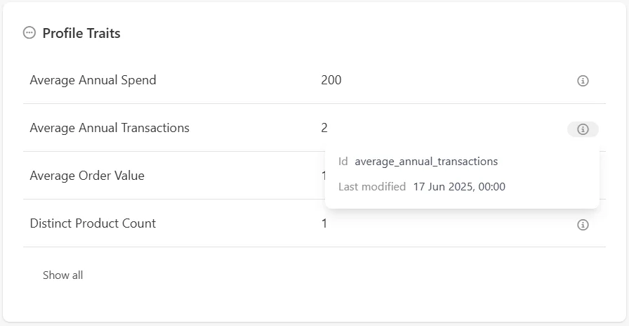 The Profile Traits section displays the out-of-the-box attributes automatically computed for the customer.