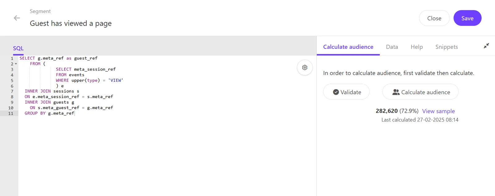 Calculating the audience size of a segment in Sitecore CDP after validating it in the SQL editor.