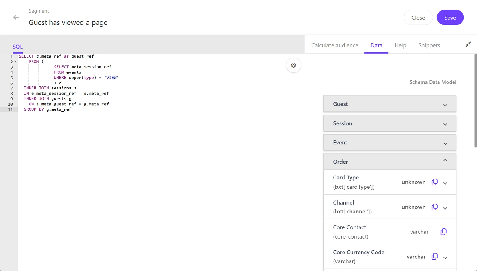 Viewing fields and values on the Data tab in the SQL editor.