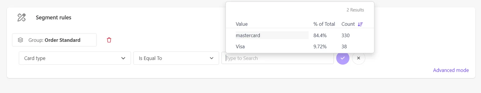 Selecting a value for the field and comparator within a rule group in a Sitecore CDP segment.