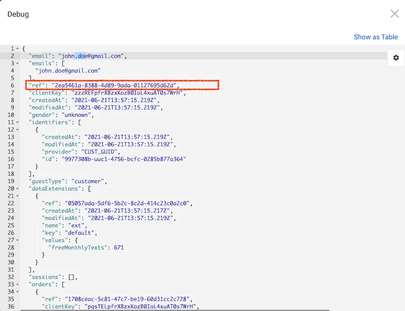 Viewing the guest reference in JSON format.