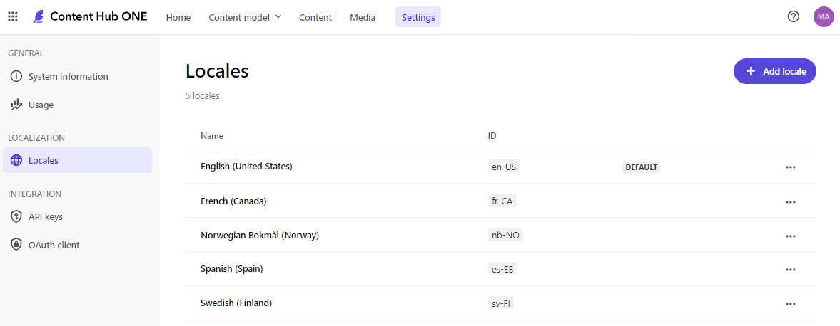 Locales page that lists all the language and culture codes defined.