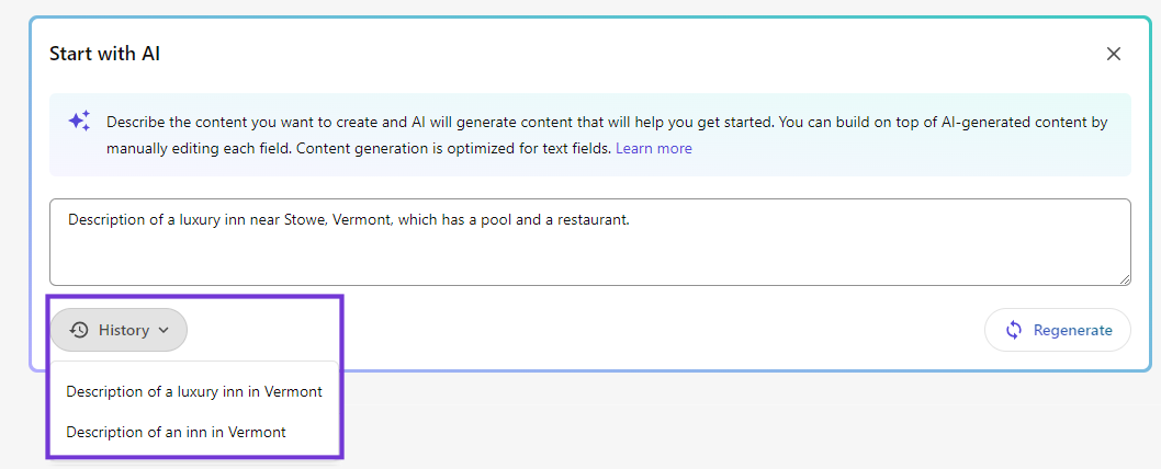 Example of the content item history created when you generate a content item.