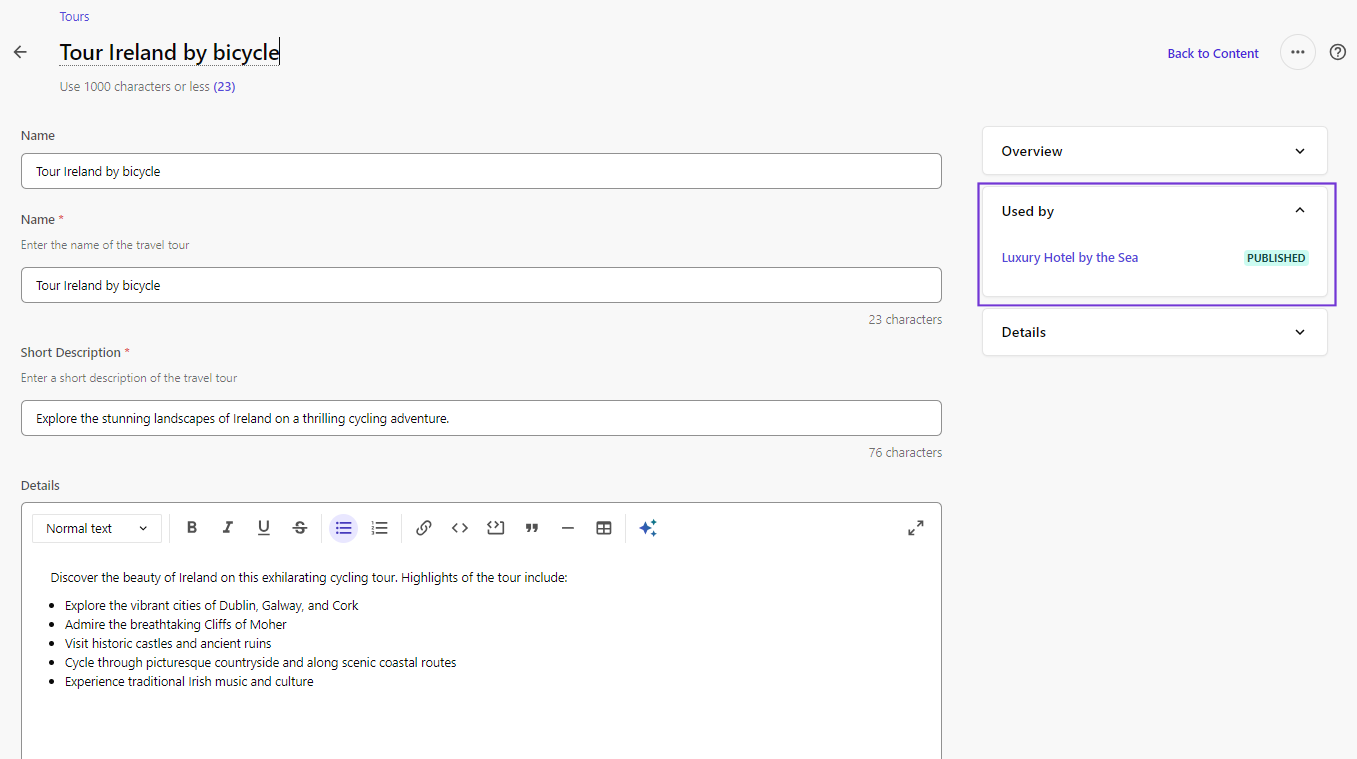 content item details page