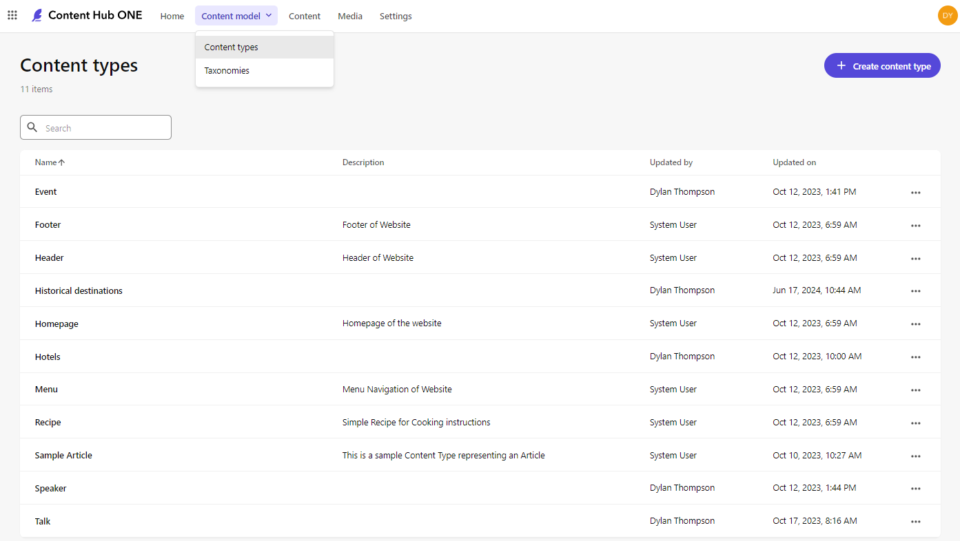 content types page