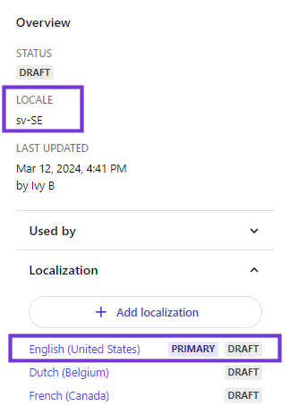 Details pane on the content item details page showing the linked localized copies.