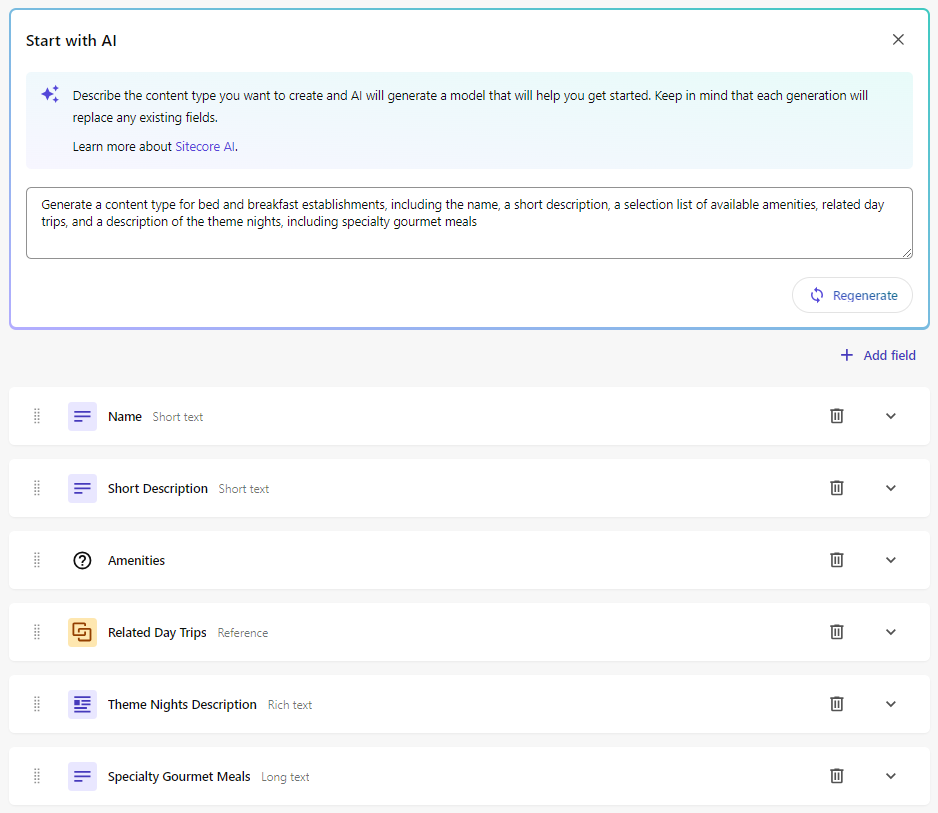 Example of the updated content type generated with AI after refining the prompt