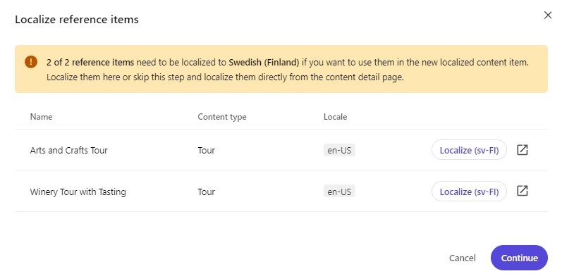 Localize items dialog where you can choose to localize the items that are referenced in the content item.