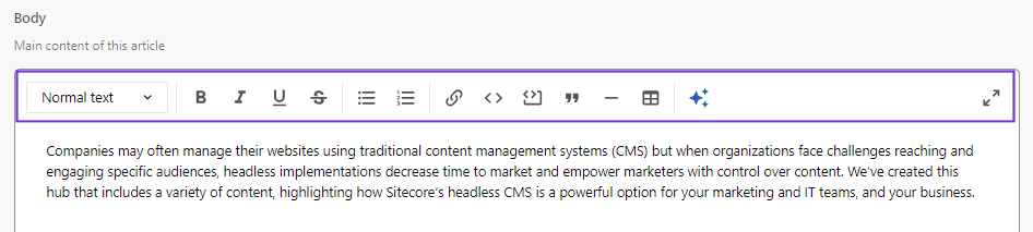 Available toolbar buttons when formatting rich text.
