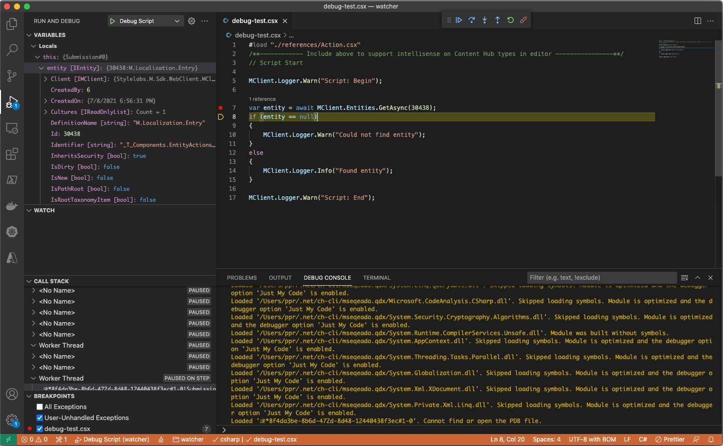 CLI Script Debug process attached