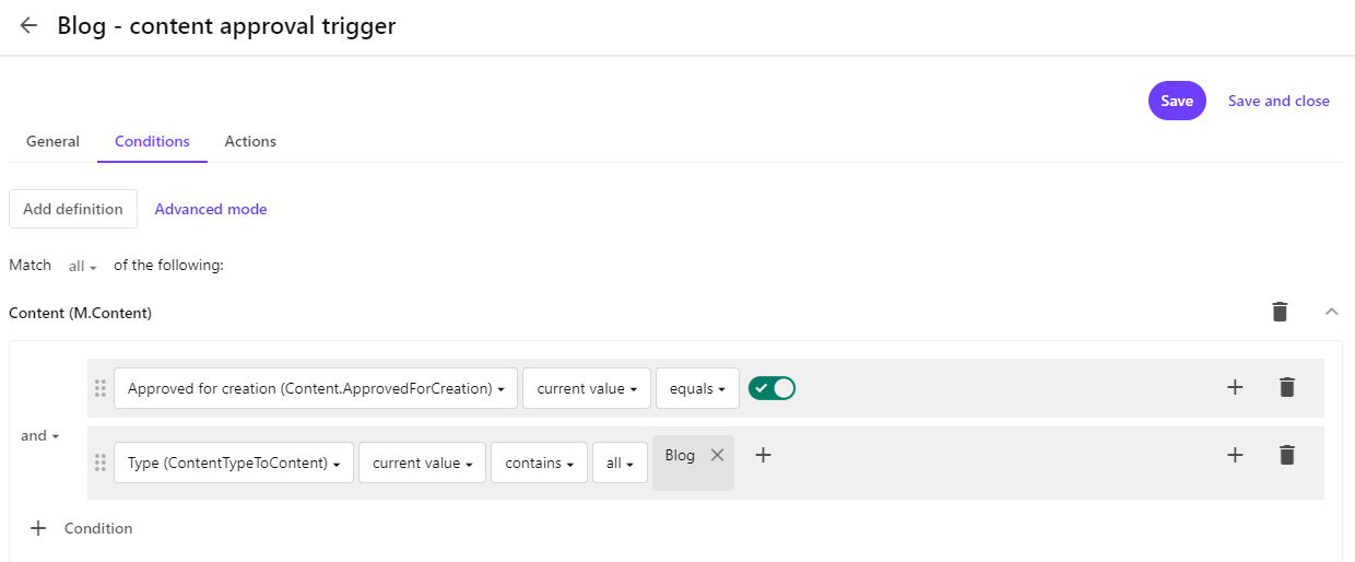 New trigger for blog content approval added conditions
