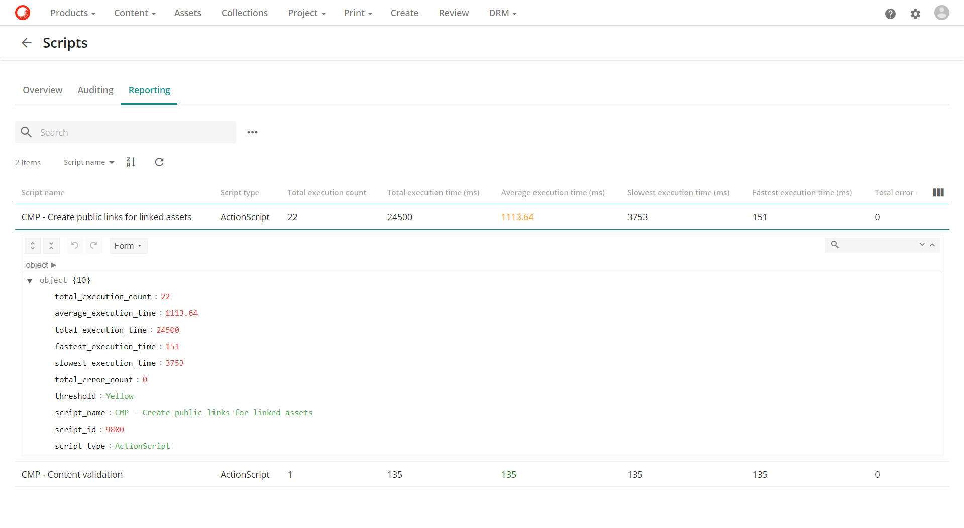 Scripts page reporting tabs showing script details Scripts page reporting tabs showing script details