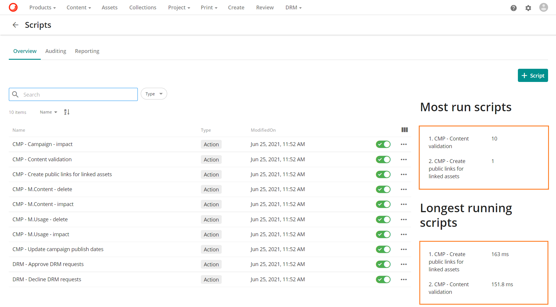 scripts page showing scripts that have run in content hub scripts page showing scripts that have run in content hub