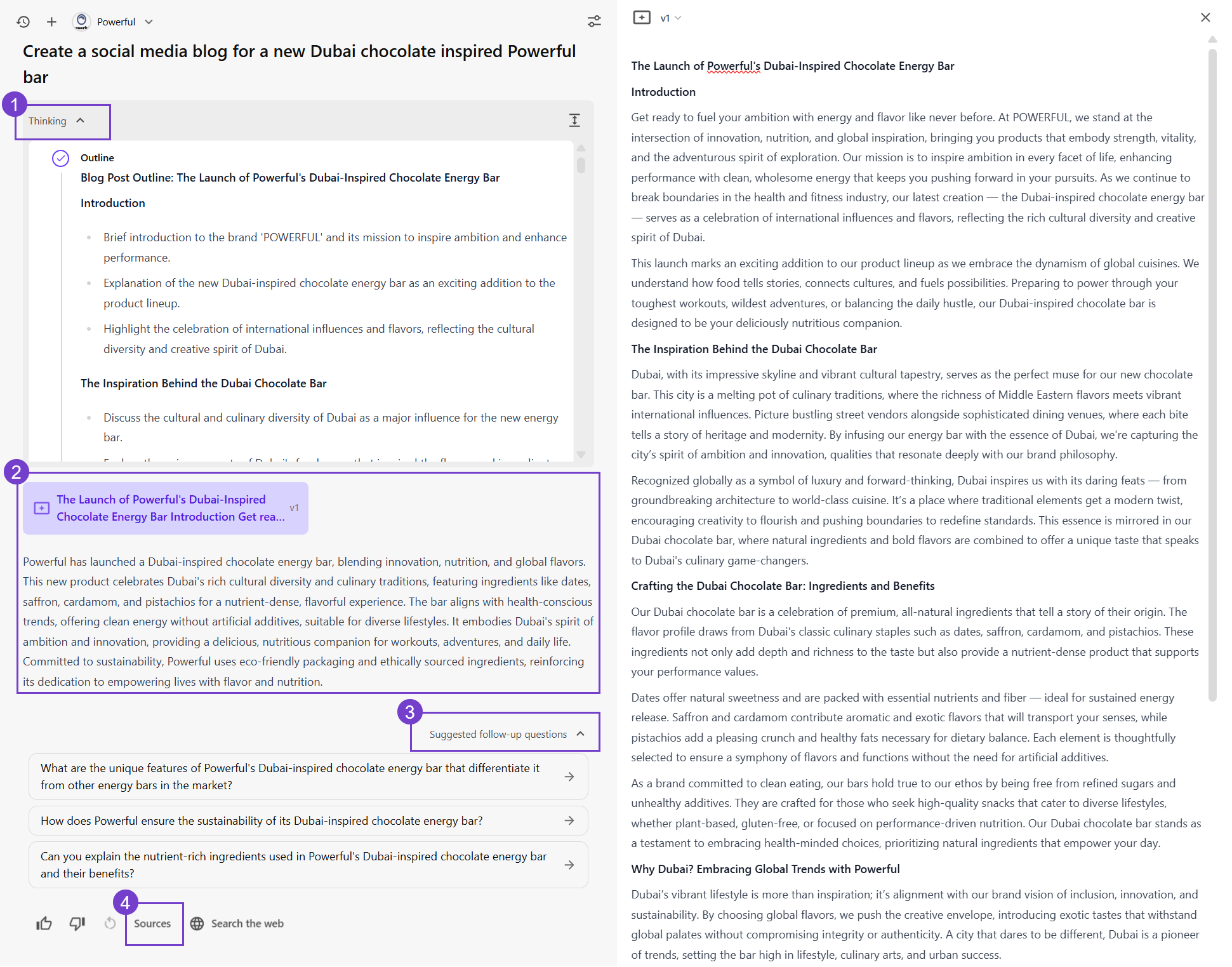 The generated response includes a summary, an artifact, details of the thinking process, sources, and follow-up questions.
