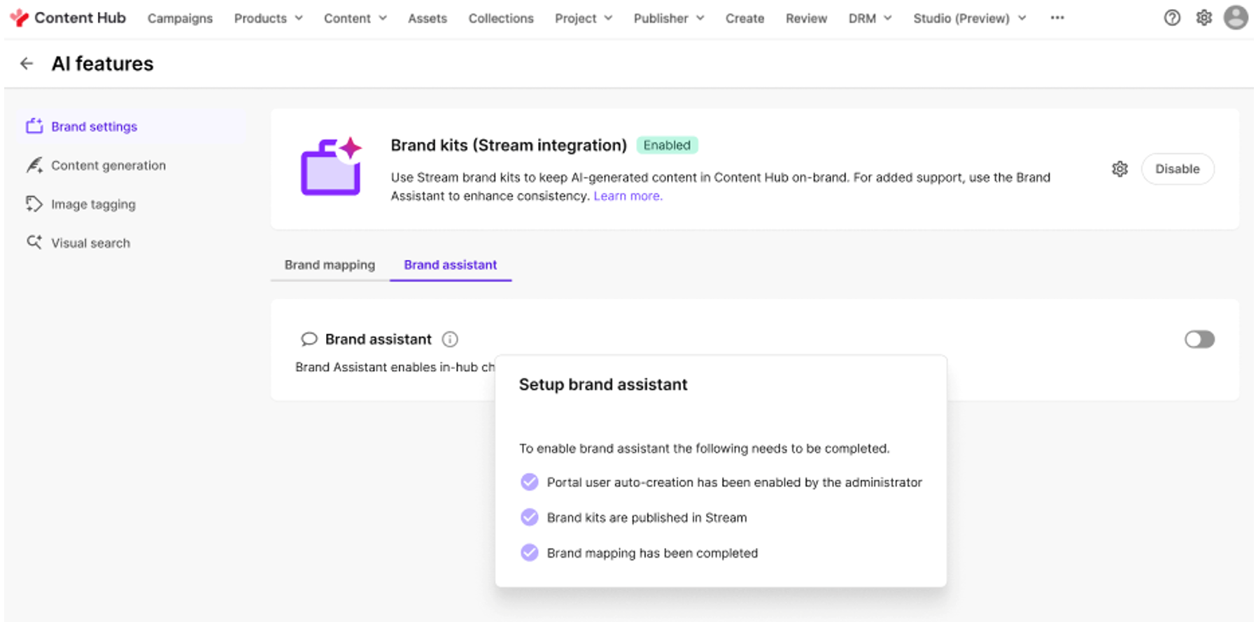 Enabling Brand assistant in Brand Settings.