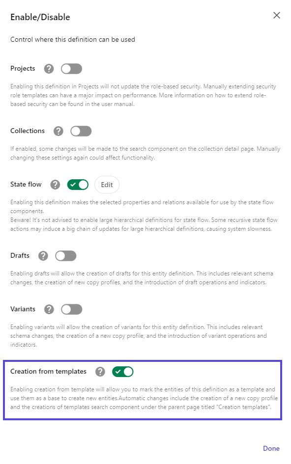 Toggle options including the Creation from templates feature Toggle options including the Creation from templates feature