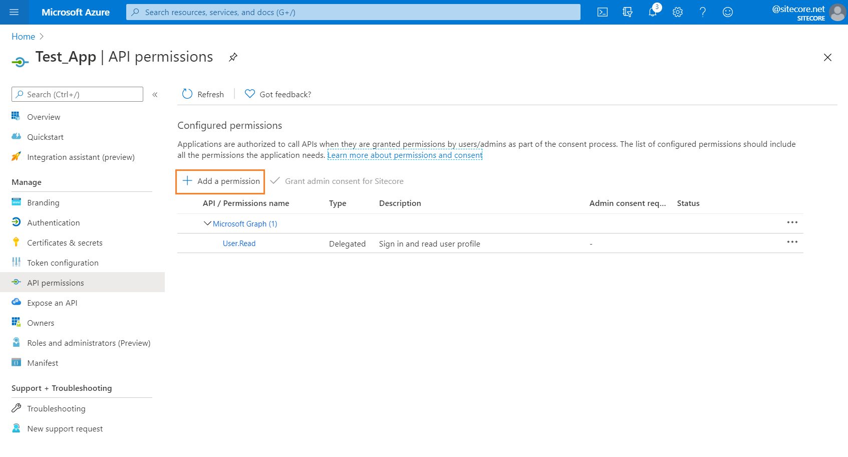 add permission option shown on api permissions add permission option shown on api permissions