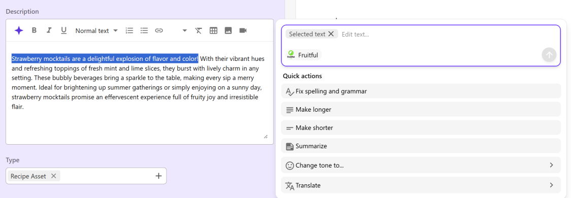 Example of the AI-assisted content generation options when you first select text Example of the AI-assisted content generation options when you first select text