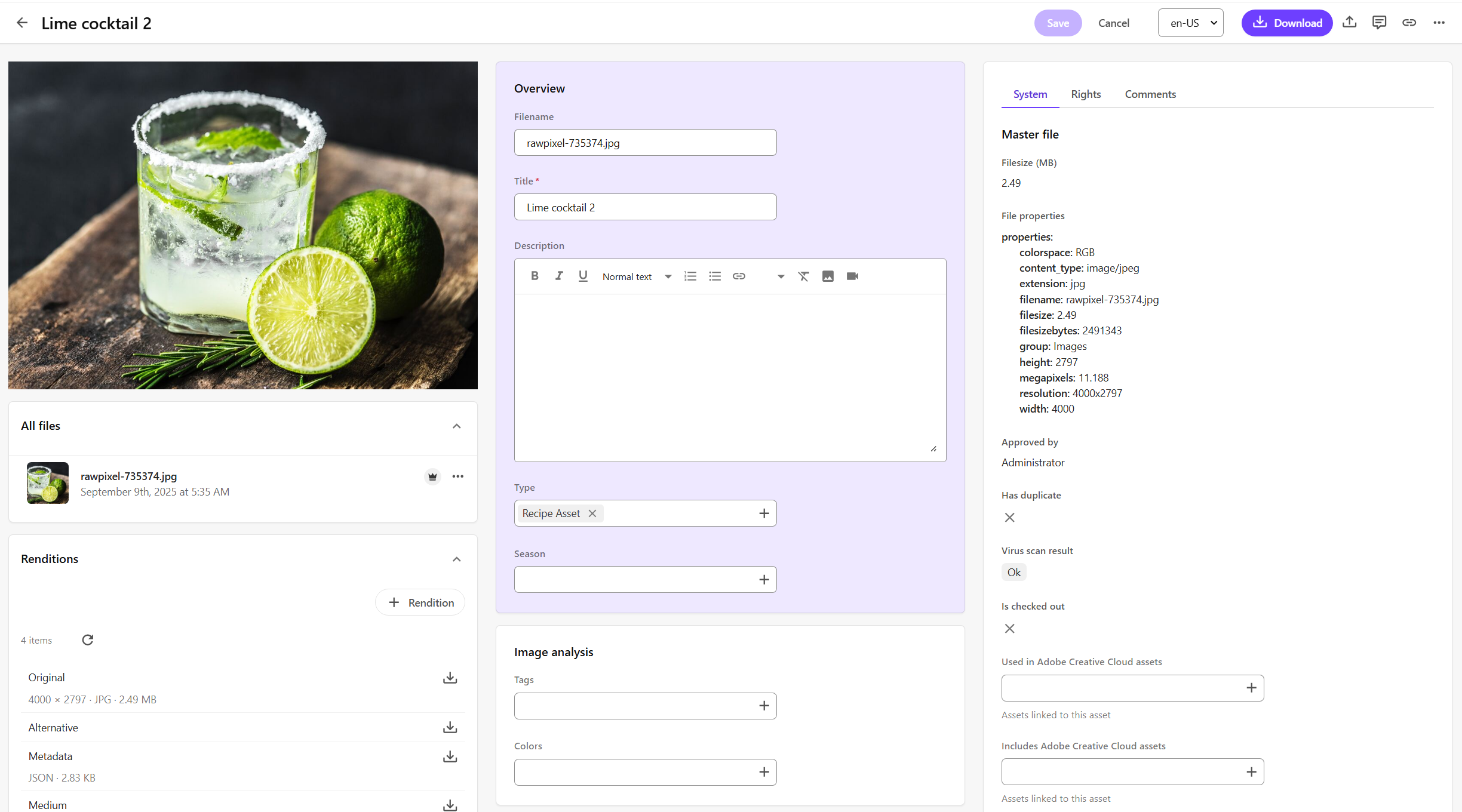 Example of an asset details page in full edit mode.