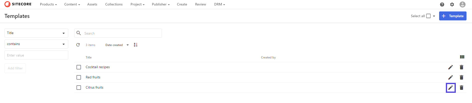 The rename icon on the templates page