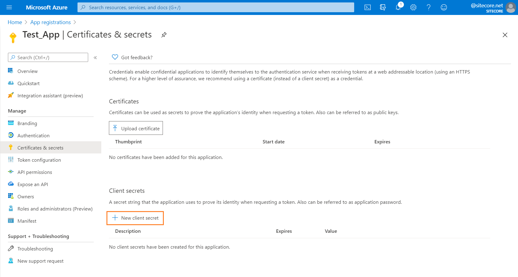 Azure certificates and secrets page Azure certificates and secrets page