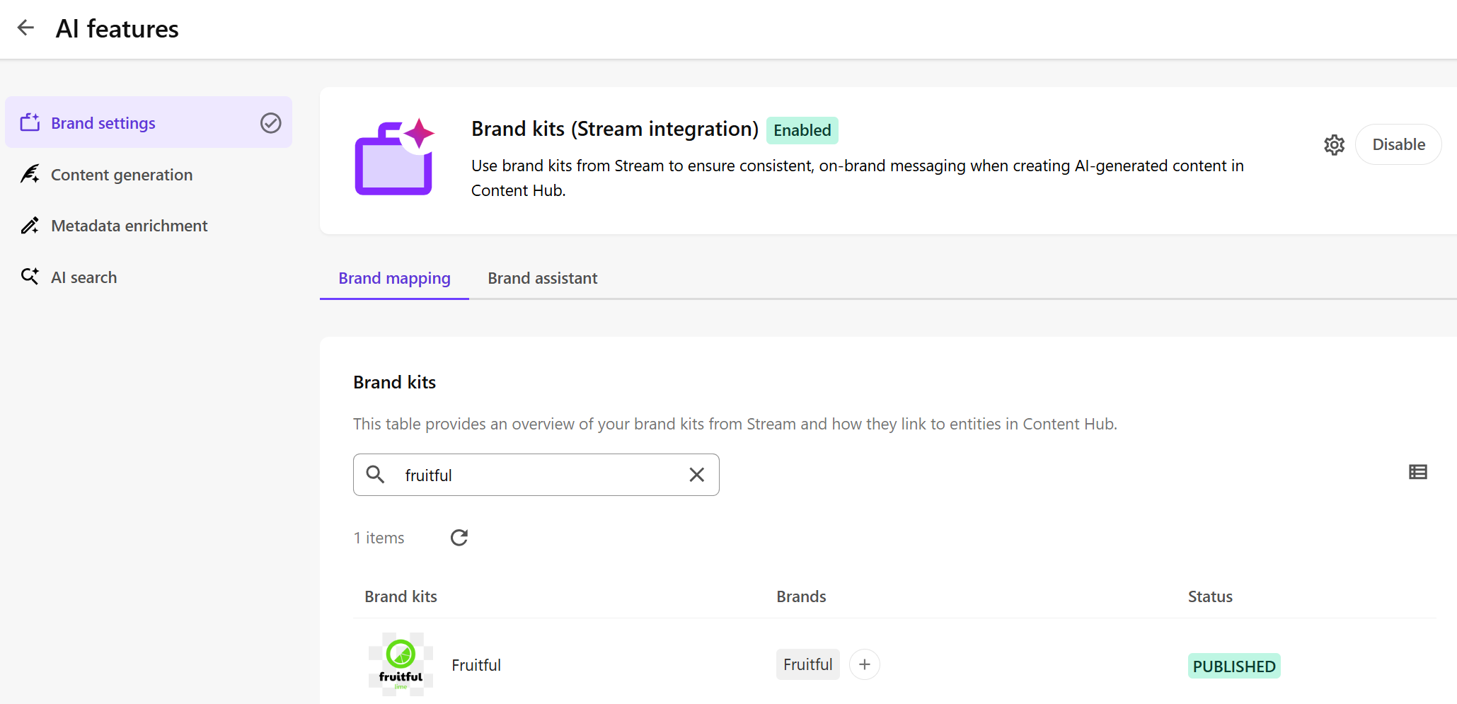Brand settings showing a brand kit linked to a Content Hub entity