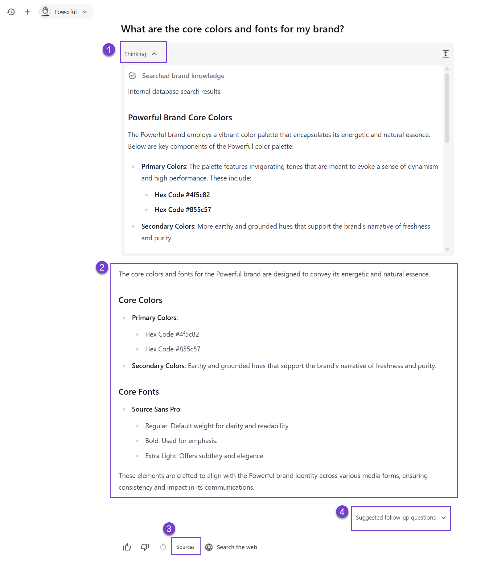 Brand Assistant generates a response based on its thinking process.