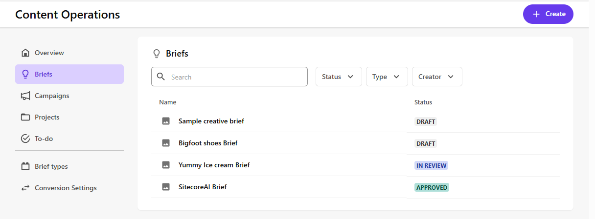 Briefs overview page