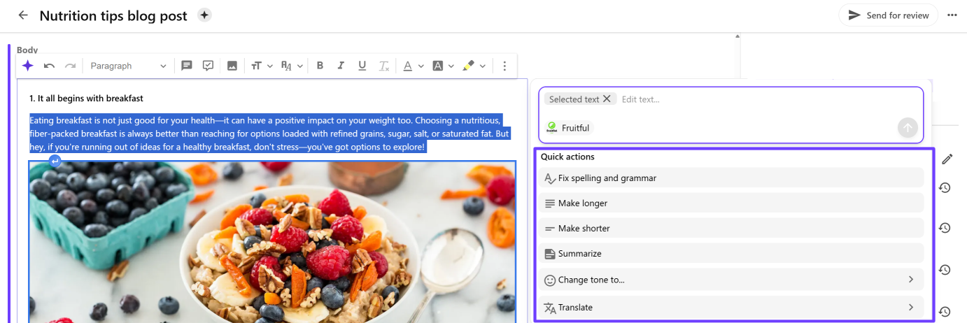 Example of the options available when generating content 