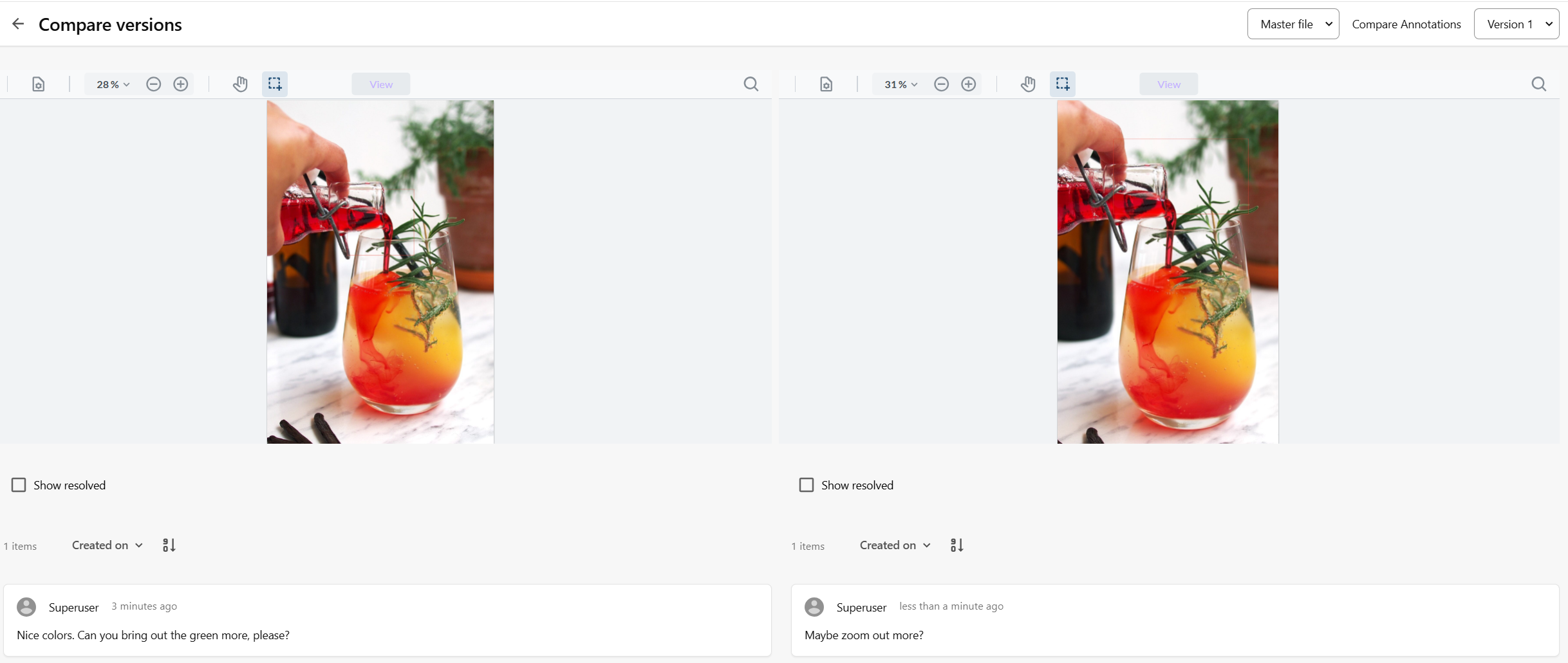 Comparison between two versions and their annotations Comparison between two versions and their annotations